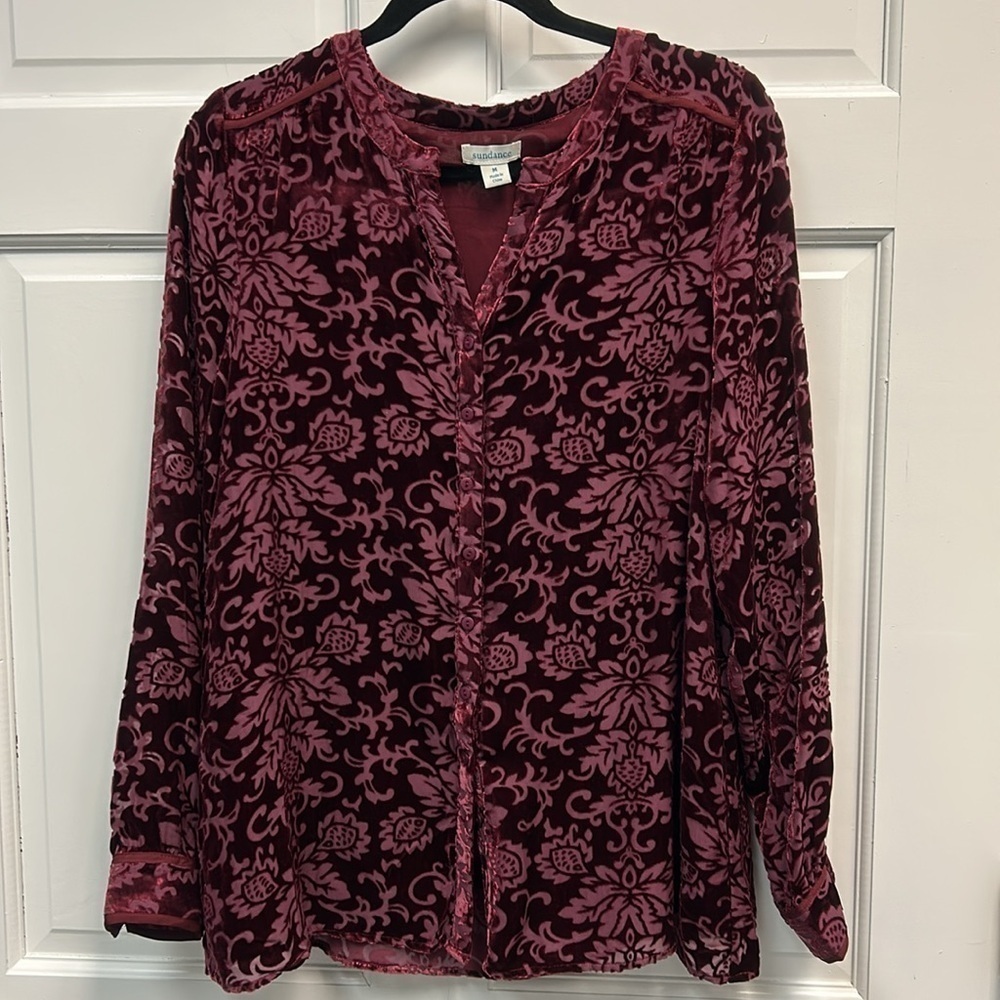 Sundance Reginia Silk Velvet Burnout Burgundy Blouse Size M
